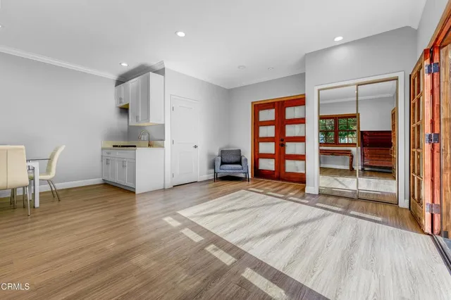 a room with a chair and a table in it