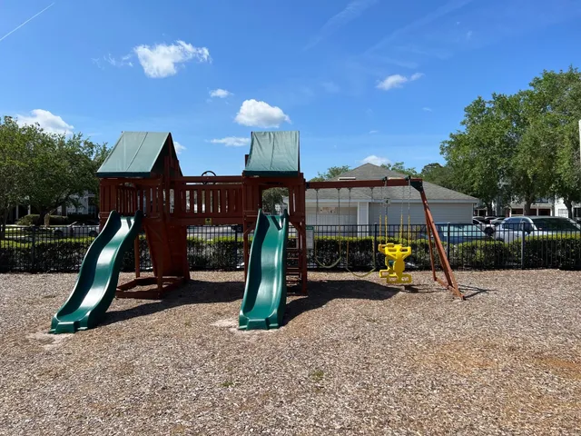 a view of a park with slide