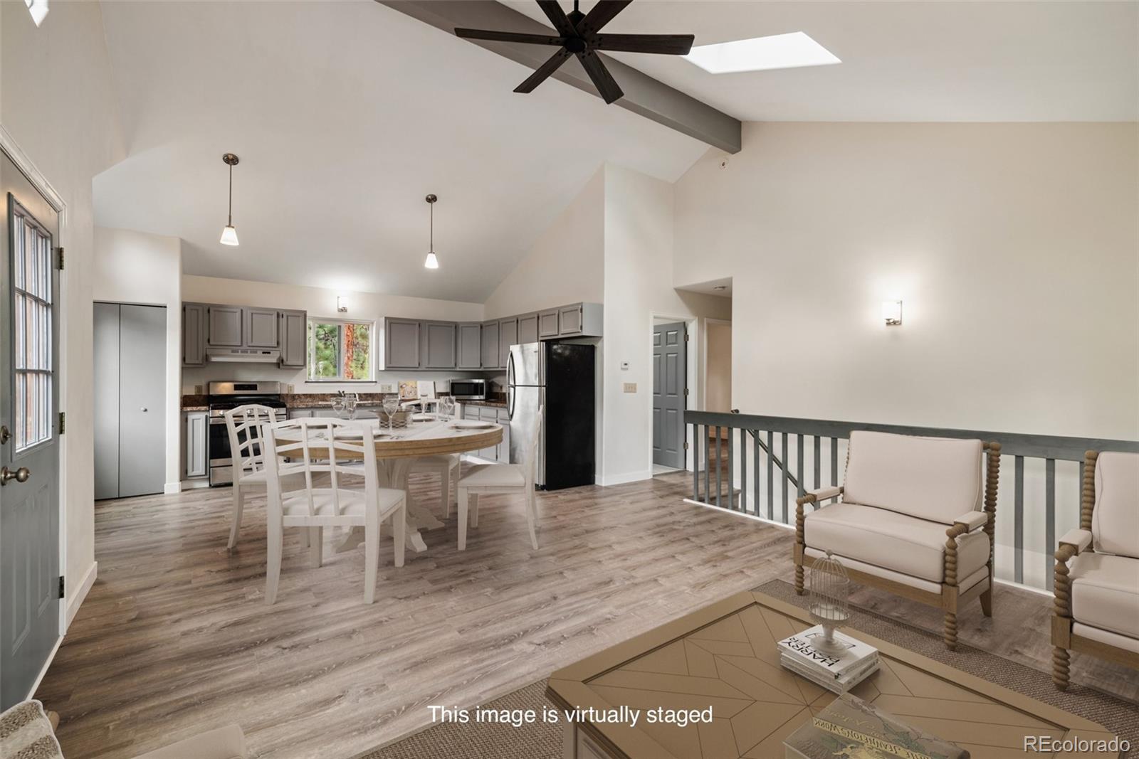 a view of a dining room with furniture