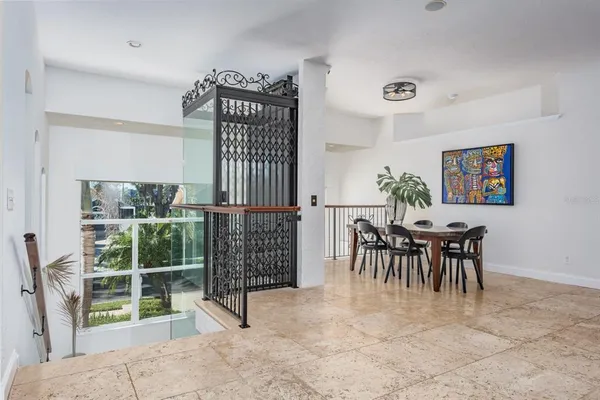 a view of a dining room with furniture