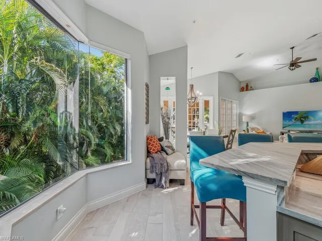 a view of a dining room with furniture window and outside view