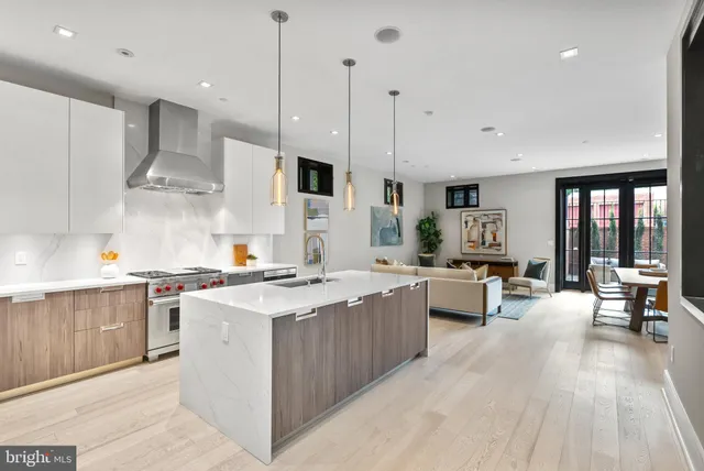 a kitchen with stainless steel appliances kitchen island a large island in the center