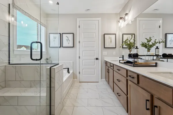 a bathroom with a double vanity sink a toilet a mirror and shower