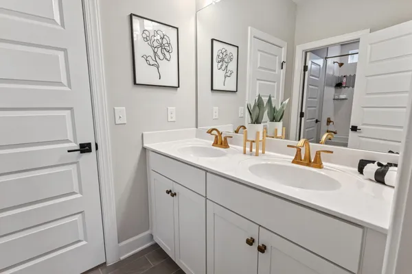 a bathroom with a sink and a mirror