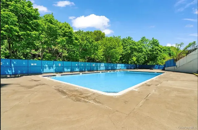 a view of a swimming pool and trees in the background