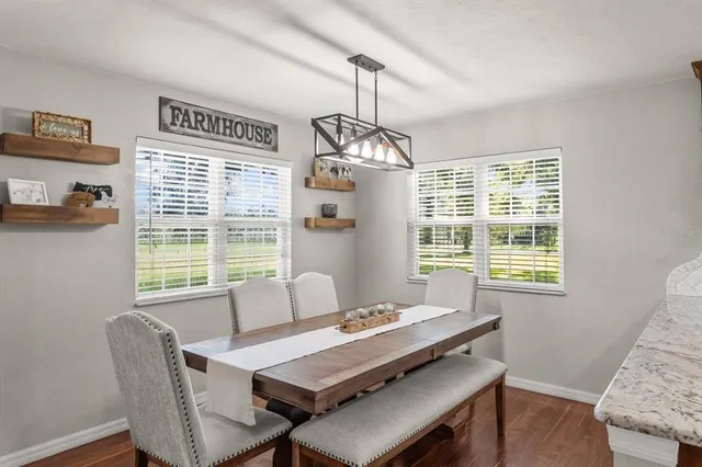 a view of a dining room with furniture window and outside view