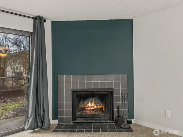 a room with a fireplace
