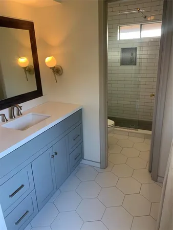 a bathroom with a sink a toilet and mirror