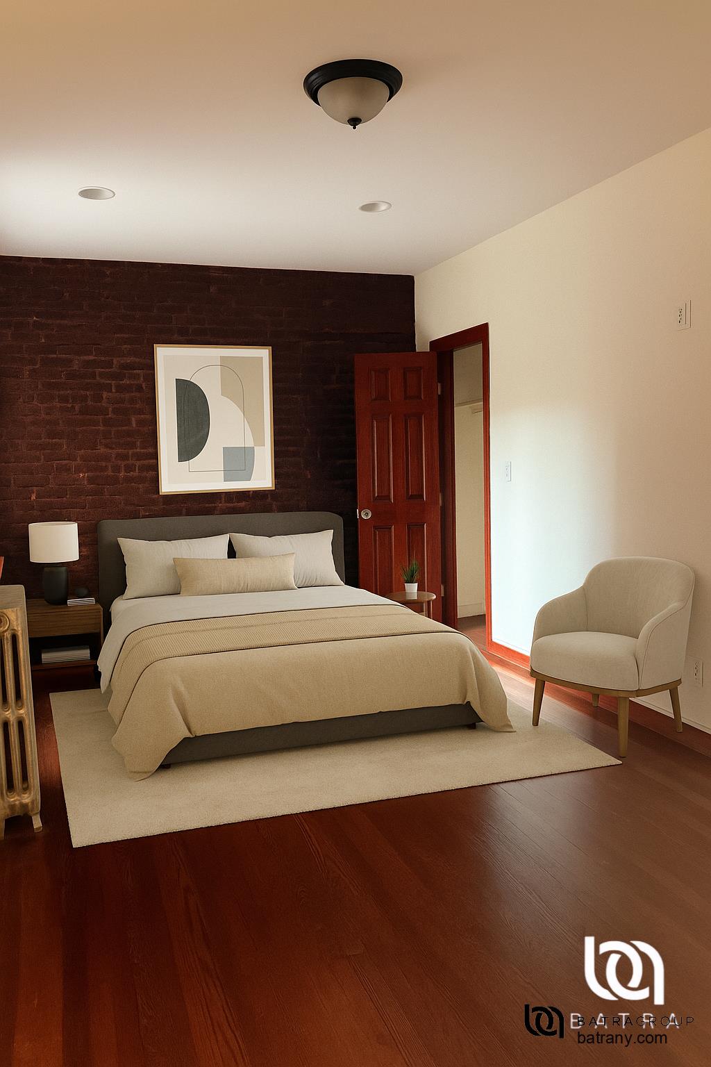 a bedroom with a bed and chair