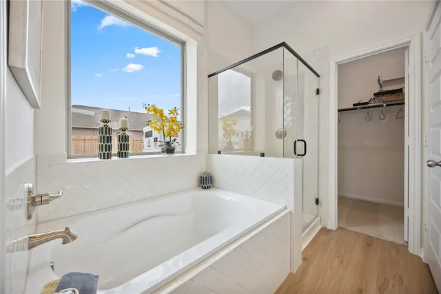 a bathroom with a bathtub and a shower