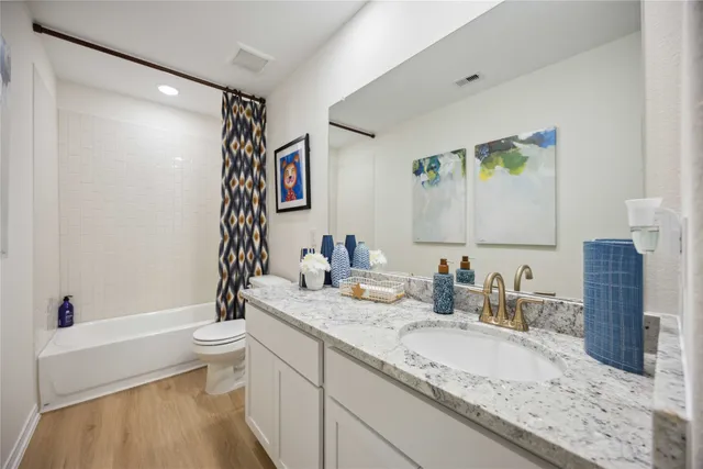 a bathroom with a granite countertop sink mirror vanity and toilet