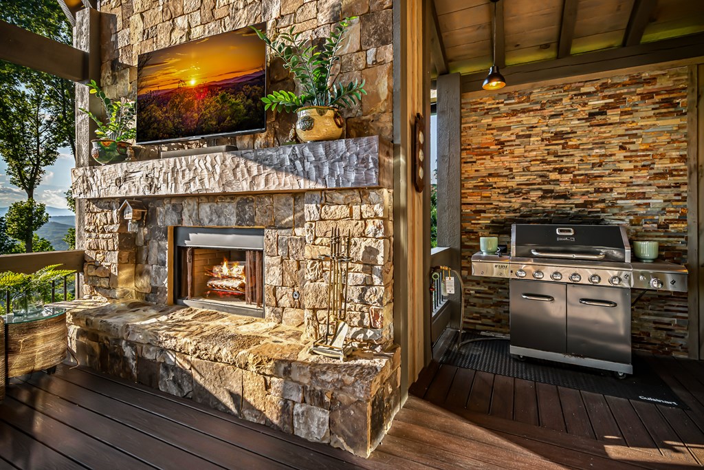 520 Overlook Drive Blue Ridge, GA 30513 - Photo 13 of 84 a living room with stainless steel appliances furniture a fireplace and a flat screen tv