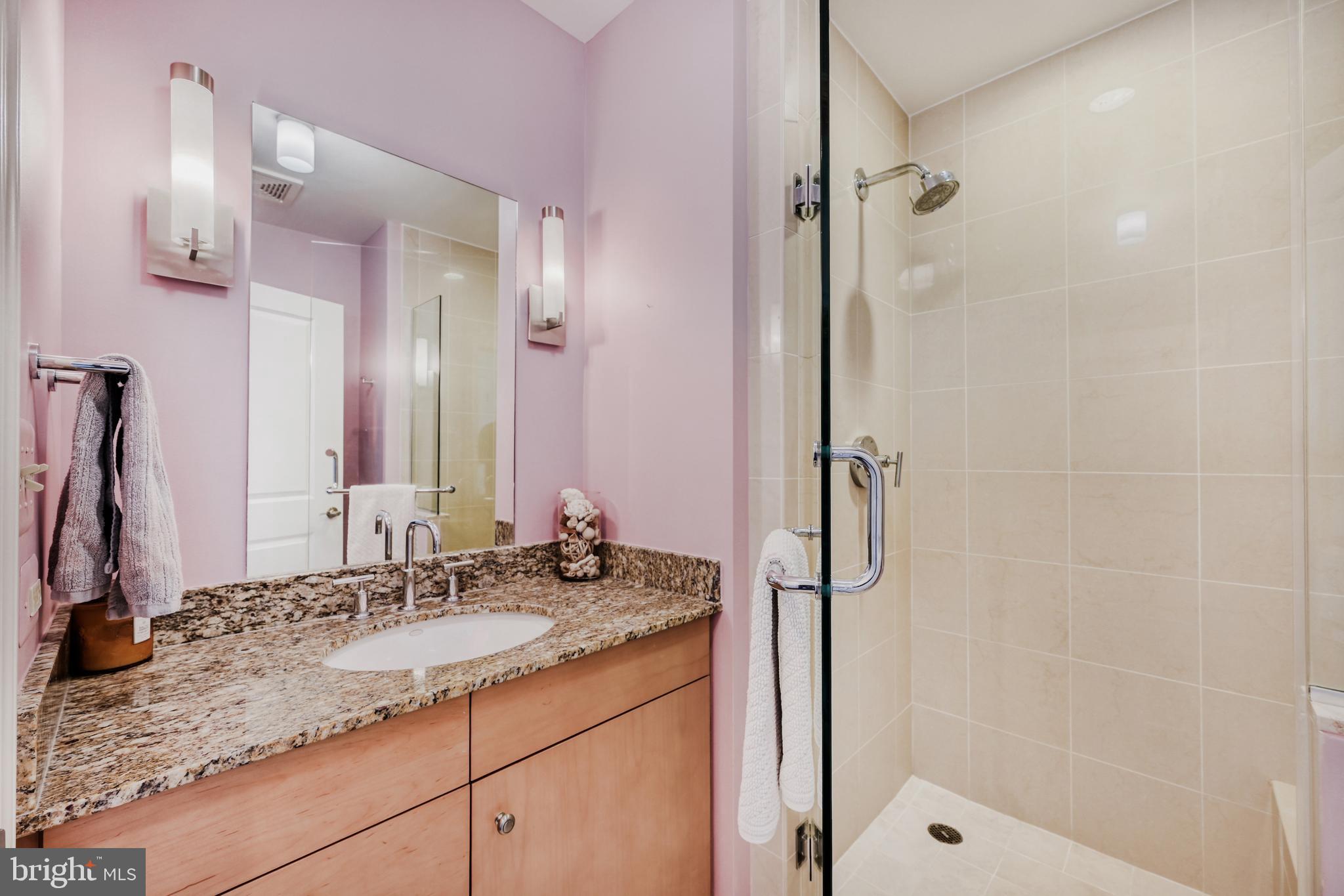 675 President Street, Unit 1406 Baltimore, MD 21202 - Photo 30 of 46 a bathroom with a granite countertop sink shower and a mirror