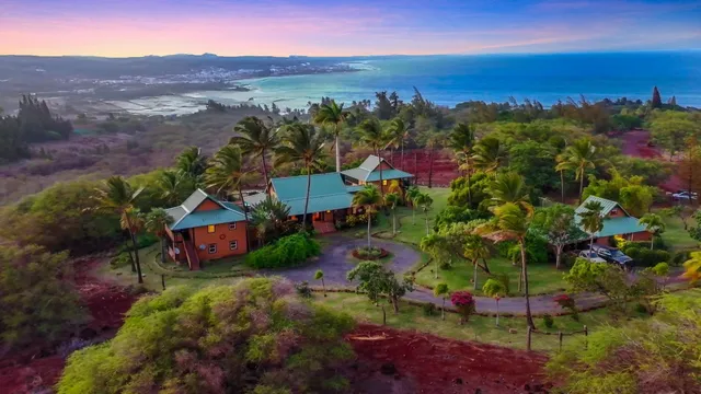 an aerial view of a town with couple of houses