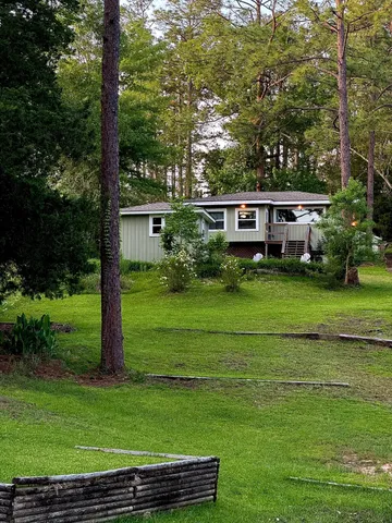 a view of a house with a big yard potted plants and large tree