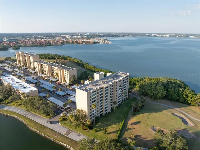a view of a lake with a mountain in the background