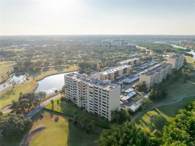 a view of a lake with a city