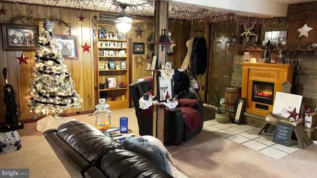 a view of living room with furniture and a fireplace