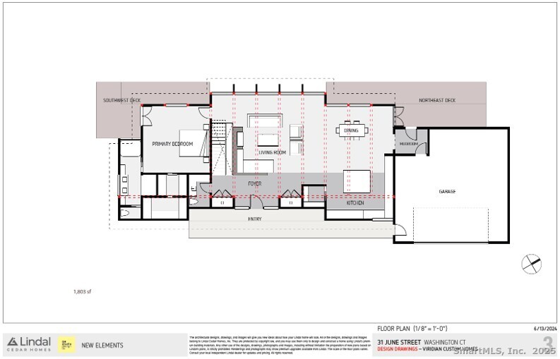 31 A June Road New Preston Marble Dale, CT 06777 - Photo 23 of 25 Floor plan for the main level. Note the primary suite with 12-foot ceilings, two large walk-in closets (5' x 11' and 5' x 7'), and a private primary deck, as well as the main deck off the great room.