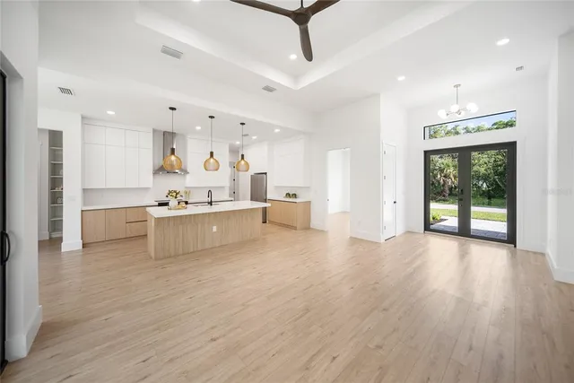 an aerial view of a house with a garden