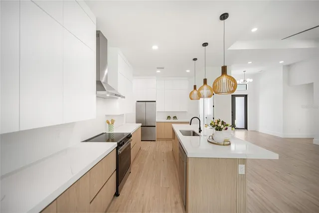 a aerial view of a house with a big yard potted plants and large tree
