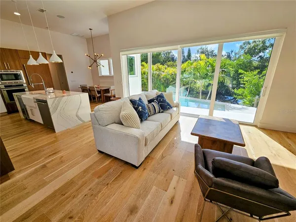 a view of a dining room with furniture window and wooden floor