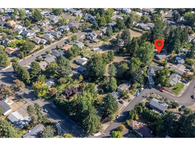 an aerial view of city and green space