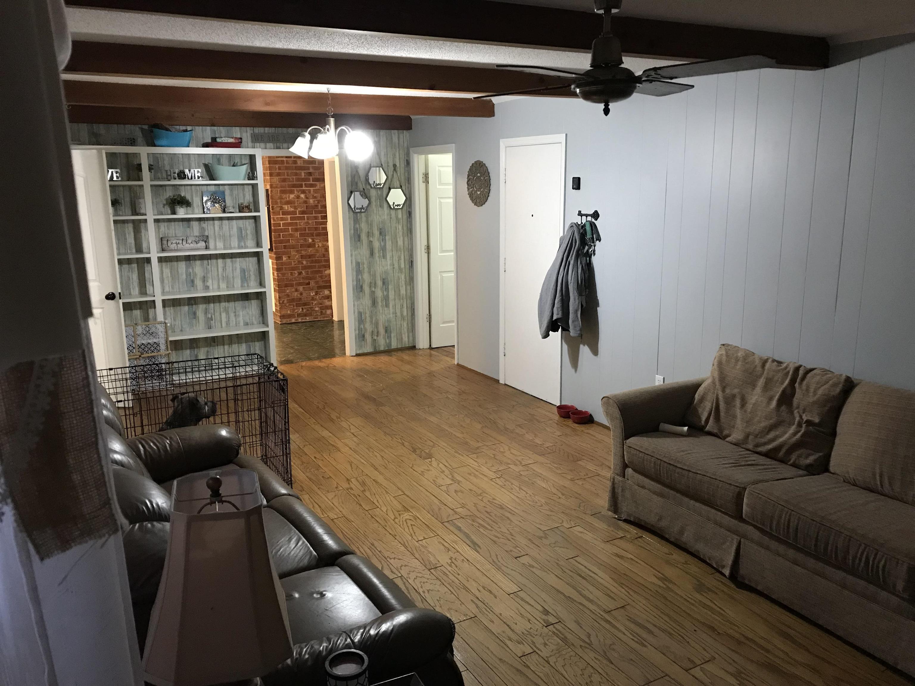 1201 Landgrave Street Georgetown, SC 29440 - Photo 18 of 38 Living room featuring wood-type flooring, beamed ceiling, and a ceiling fan
