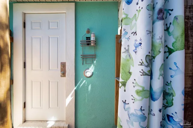 a garden view with a seating space