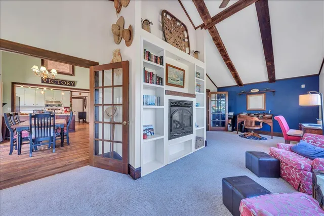 a view of a balcony with wooden floor
