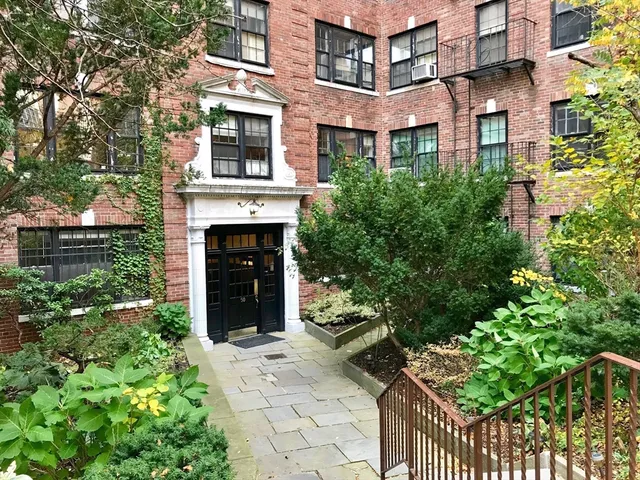 front view of a building with an outdoor space