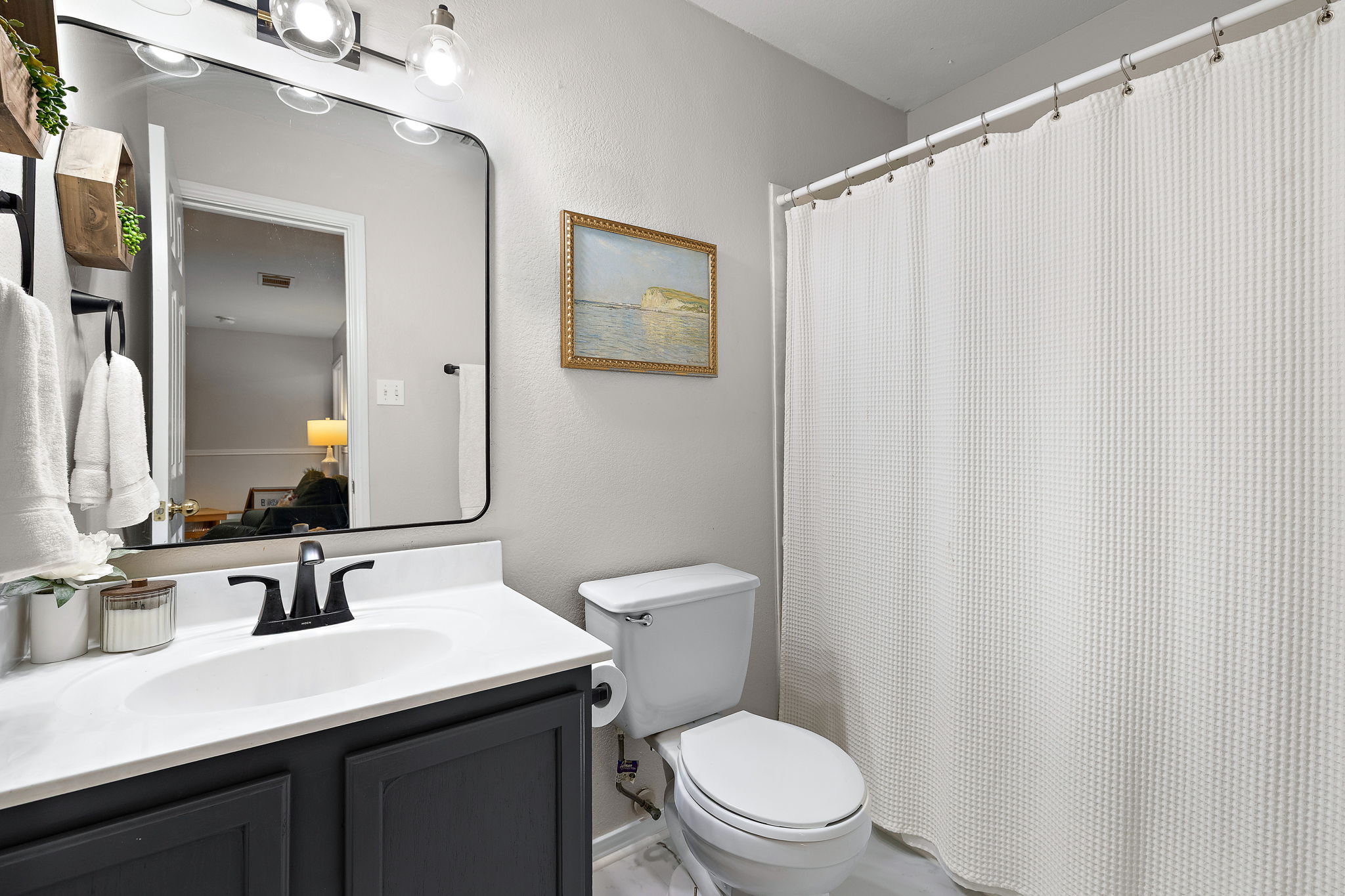 107 Easy Street Hutto, TX 78634 - Photo 26 of 34 a bathroom with a sink a toilet and a mirror