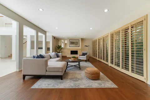a living room with furniture and a potted plant