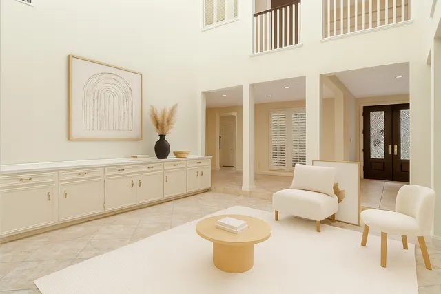a spacious bathroom with a double vanity sink a mirror and a bathtub