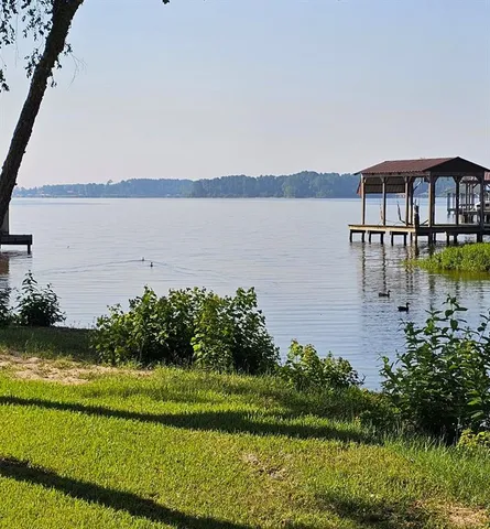 a view of a lake with a big yard and large trees