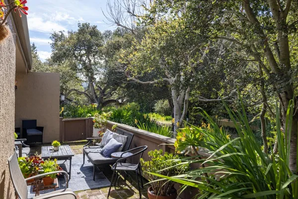a view of backyard with seating space and trees