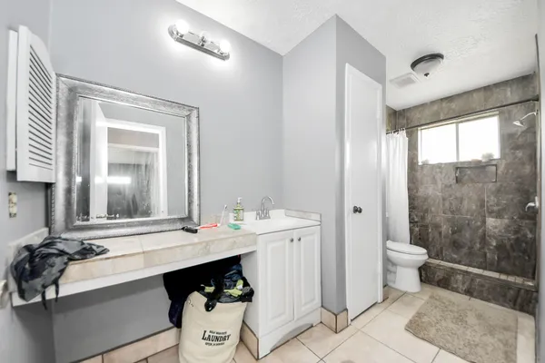 a bathroom with a double vanity sink toilet and a mirror