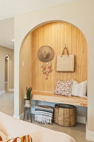 a view of a living room and bathroom