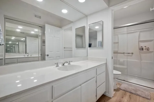 a bathroom with a sink a toilet a shower and a mirror