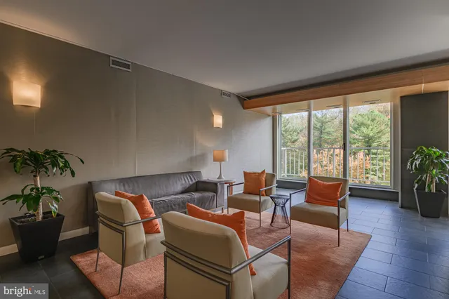 a living room with furniture and a potted plant