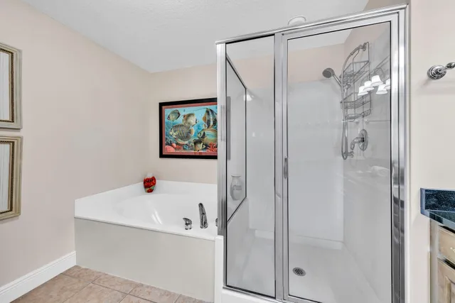 a bathroom with a bathtub and a shower