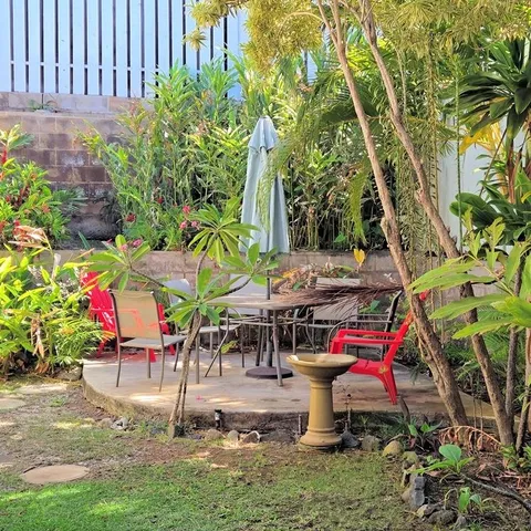 an outdoor space with seating area