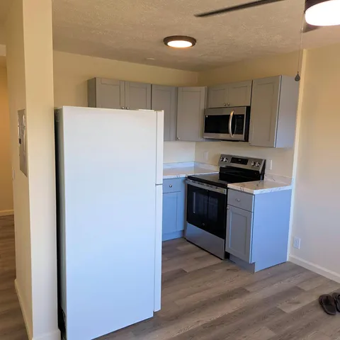 a kitchen with a refrigerator stove and microwave