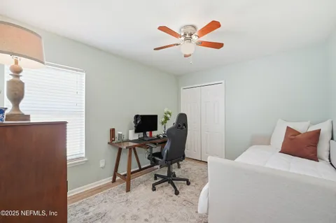 a workspace with a desk and chair