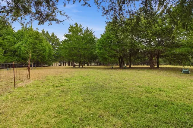 a view of a field with trees in front of it