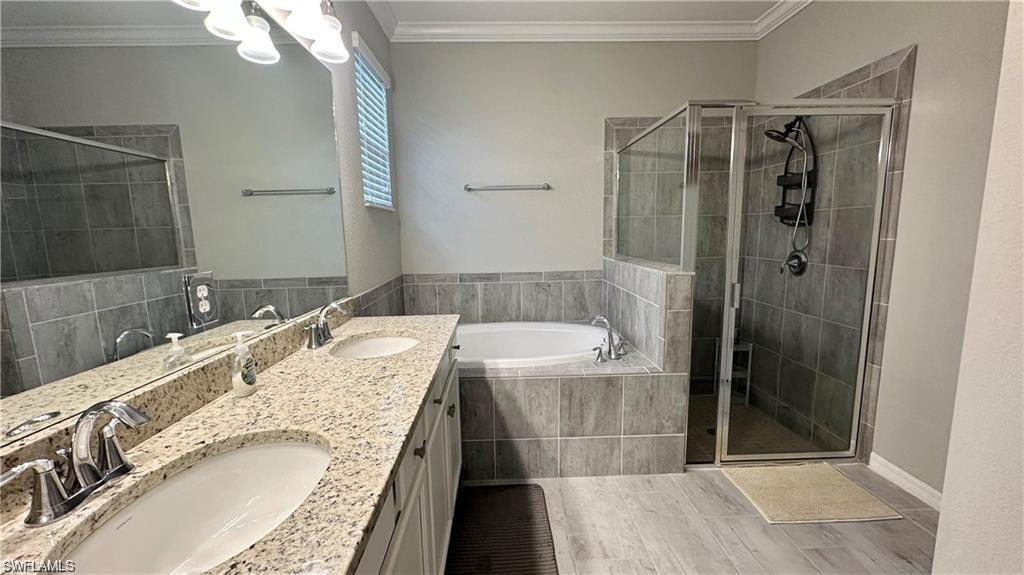 19347 Elston Way Estero, FL 33928 - Photo 9 of 26 Bathroom featuring a sink, a bath, and crown molding