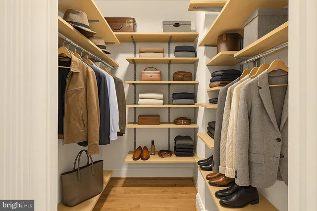 a view of walk in closet with clothes and shoes