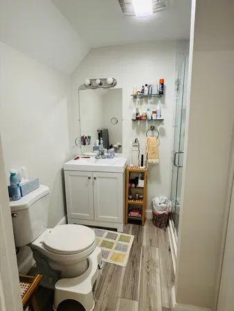 a bathroom with a sink toilet and a mirror