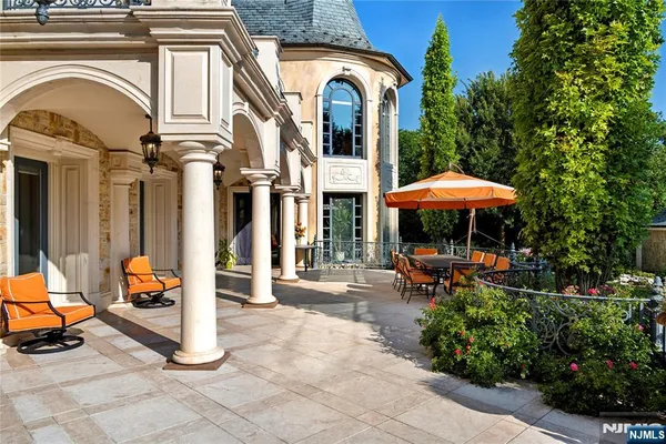 a garden view with a seating space