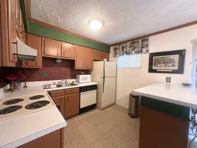 a kitchen that has a sink a stove and a refrigerator
